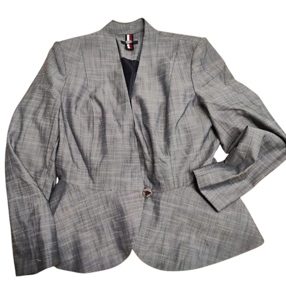 New Tommy Hilfiger Womens Collarless Button-Front suit jacket. Gray Multi 12 - Picture 2 of 13